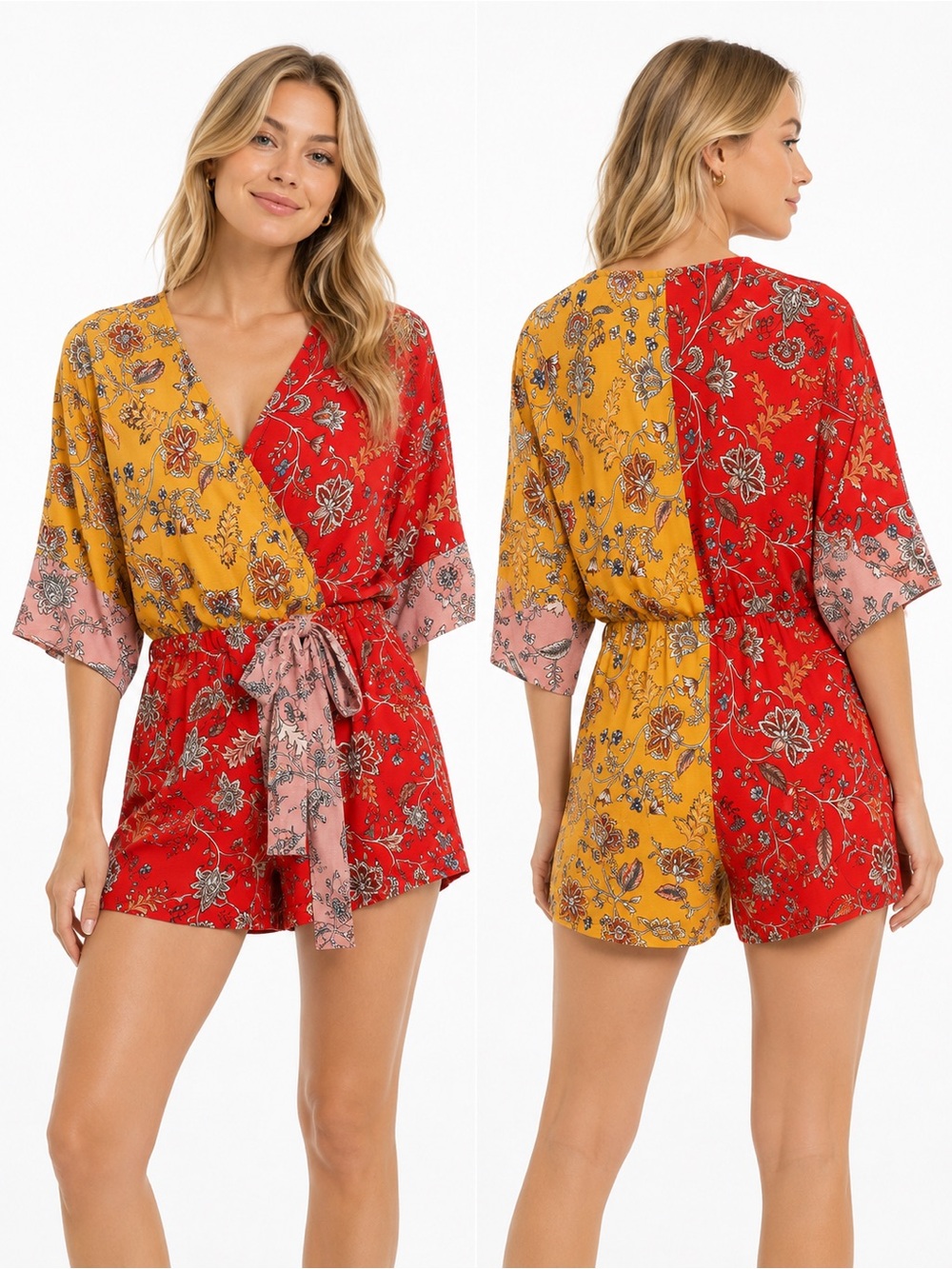 Umgee Size Small Womens Two-Tone Floral Wrap Romper in Red,‎ Mustard & Pink